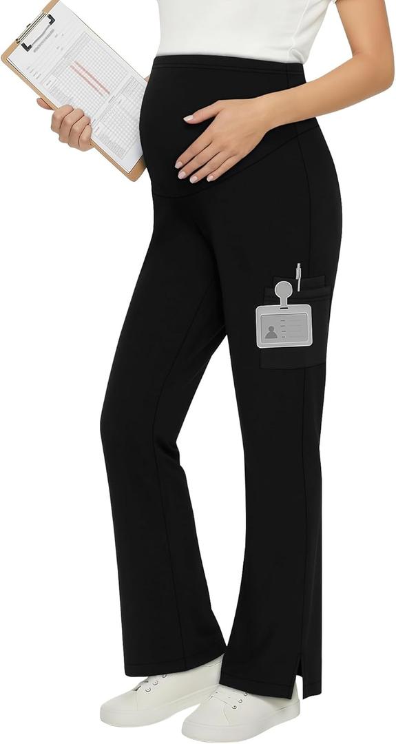 Women's Maternity Scrub Pants Wide Leg Cargo Pants Over The Belly Stretchy Workwear Pregnancy Trousers for Nurse (XX-Large, Black)