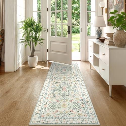 Morebes Washable Runner Rug 2x6,Bathroom Runner Rugs 24 x 72 Non Slip Washable,Vintage Boho Ultra-Thin Indoor Throw Carpet Runner for Hallway Entry Bedroom Laundry Room, Cream/Multi