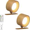 Rechargeable Wall Sconce with Remote & Touch, 360 Rotatable Battery Operated Wall Lights, 3-Color Dimmable, No Drill Adhesive, Ultra Long Battery for Bedroom ReadingWooden-2PC
