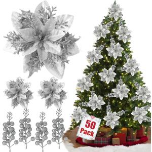 50pcs Glitter Poinsettia Christmas Ornaments, Artificial Flowers with Clips Stems for DIY Wreath Making, Holiday Home Party Decorations, Indoor Use (Sliver)