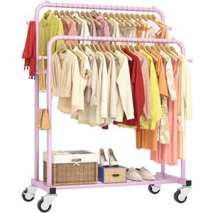 Laiensia Double Rods Garment Rack with Wheels, Clothing Rack for Hanging Clothes,4 Hooks, Multi-Functional Bedroom Clothes Rack, Pink