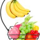 Livabber Countertop Fruit Basket Bowl with Banana Hanger, Modern Standing Fruit Vegetable Bowl Storage, with Banana Tree Holder for Kitchen Dinning Table (Square Wood, Black)