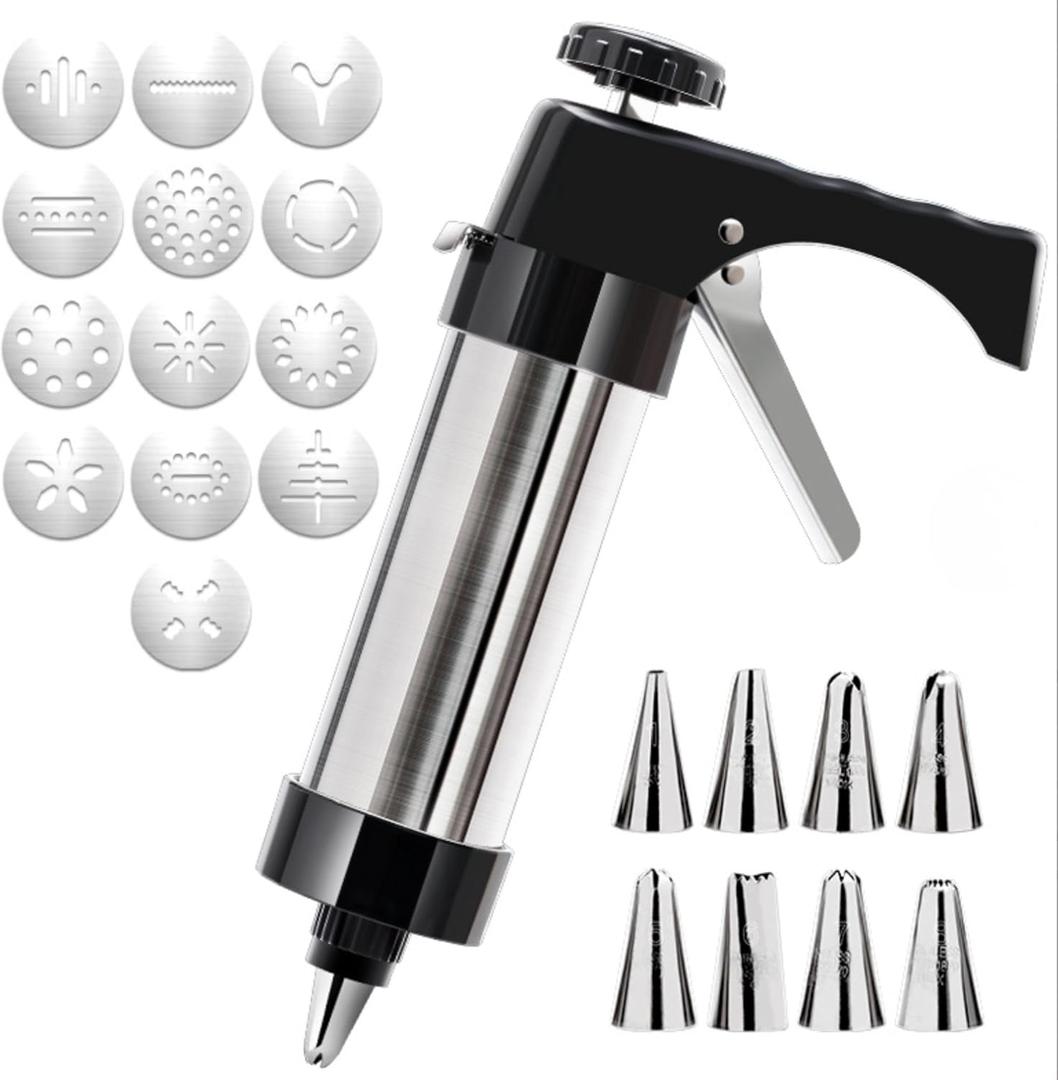 Stainless Steel Cookie Press, spritz Cookie Press for Baking, Cookie Press Gun Kit with 13 Cookie Discs and 8 Piping Tips for DIY cake Maker Decorating Baking Supplies (Cookie Press Gun Kit)