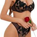 Lilosy Sexy Floral Embroidered Flower Mesh Underwire Push Up Lingerie Set (Black, L)