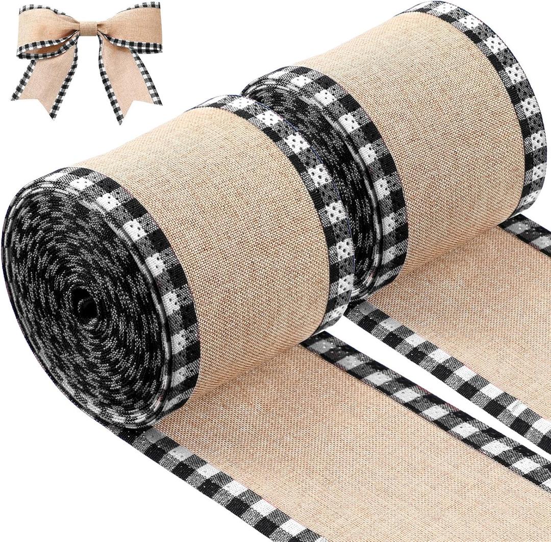 2 Rolls Christmas Buffalo Plaid Wired Edge Ribbons Christmas Tree Burlap Fabric Craft Wrapping Ribbon with Checkered Edge, 216 Inch(2.5 Inch Width, Black and White)