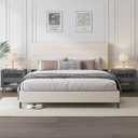 Queen Bed Frame, Modern Upholstered Bed Frame with Adjustable Linen Headboard, Wooden Slats Support Platform Queen Size Bed Frames, No Box Spring Needed,Easy Assembly,Beige