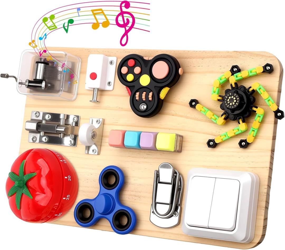 Fidget Spinner Pad Busy Board Toys Robot Fidget Spinner Music Box Switch Latches Keyboard Sensory 11 in 1 Wooden Montessori Travel Activity Board Focus Toy Motor Skills Gift for Girls Boys