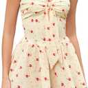 XinFSh Women's Summer Floral Strapless Tube Mini Dress Flowy A Line Tie Front Ruffle Beach Vacation Short Boho Sundress (Beige, S)