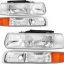 Headlights Assembly Compatible with 1999-2002 Chevy Silverado 1500 2500, 2000-2006 Chevy Tahoe Suburban Headlamp Assembly, Chrome Housing, OE Replacement Halogen head light assembly set