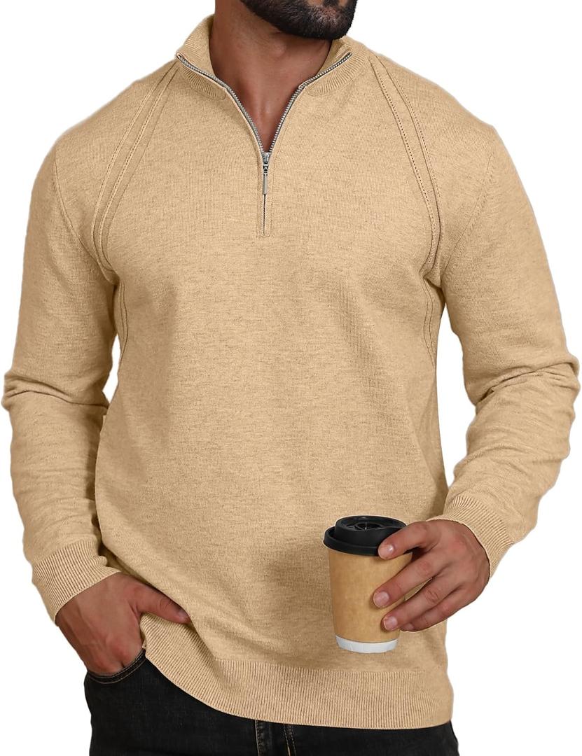 Mens Fashion Knit Pullover Sweater Quarter Zip Long Sleeve Mock Neck Ribbed Sweater (XXL)