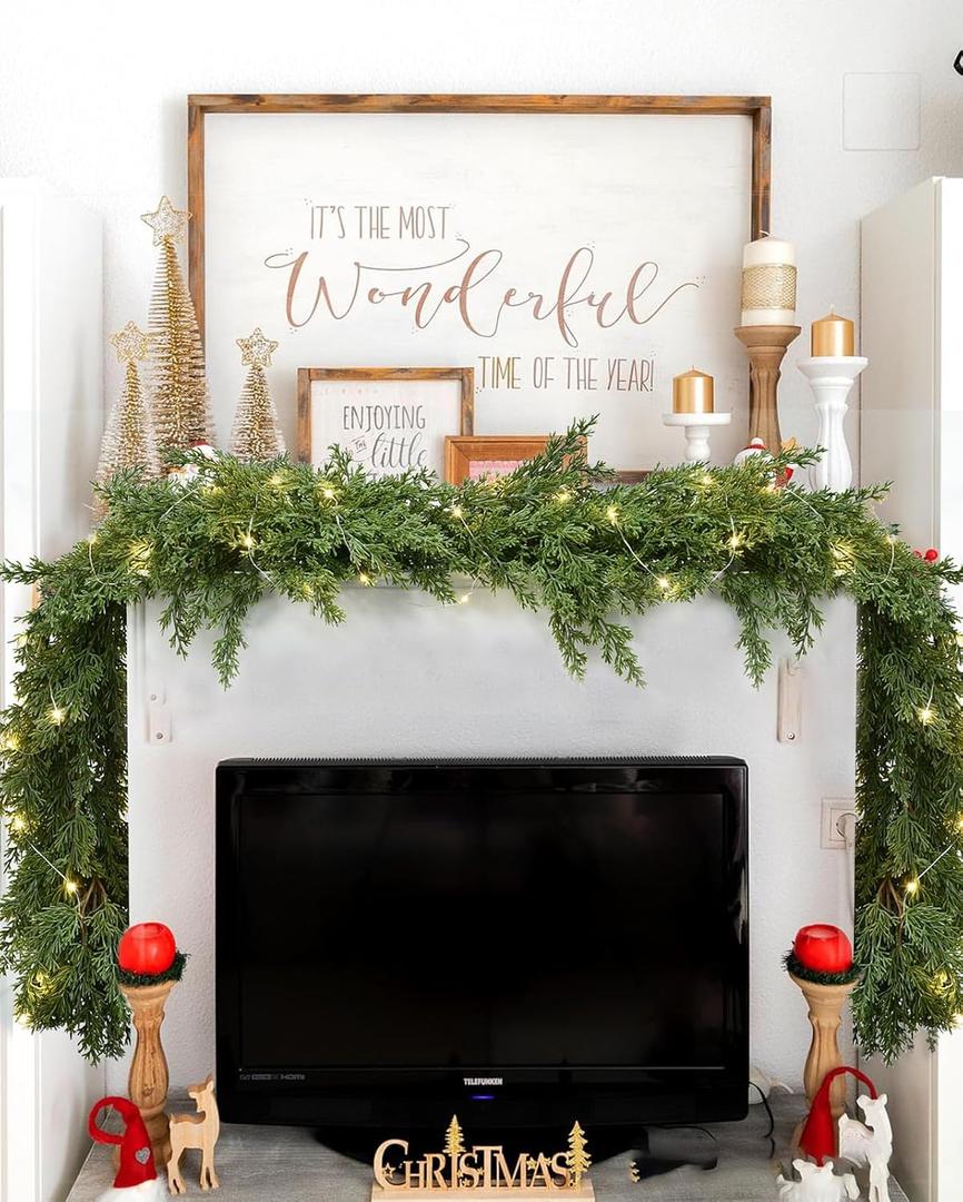 DearHouse 9Ft Artificial Christmas Pine Garland with 100LED Lights, Winter Greenery Garland for Holiday Season Mantel Fireplace Table Runner Centerpiece Decoration