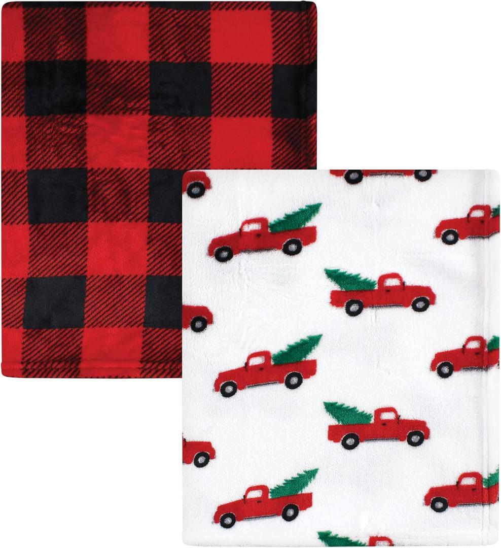 Hudson Baby Unisex Baby Silky Plush and Coral Fleece Blanket, Christmas Tree Truck, 30x36 inches