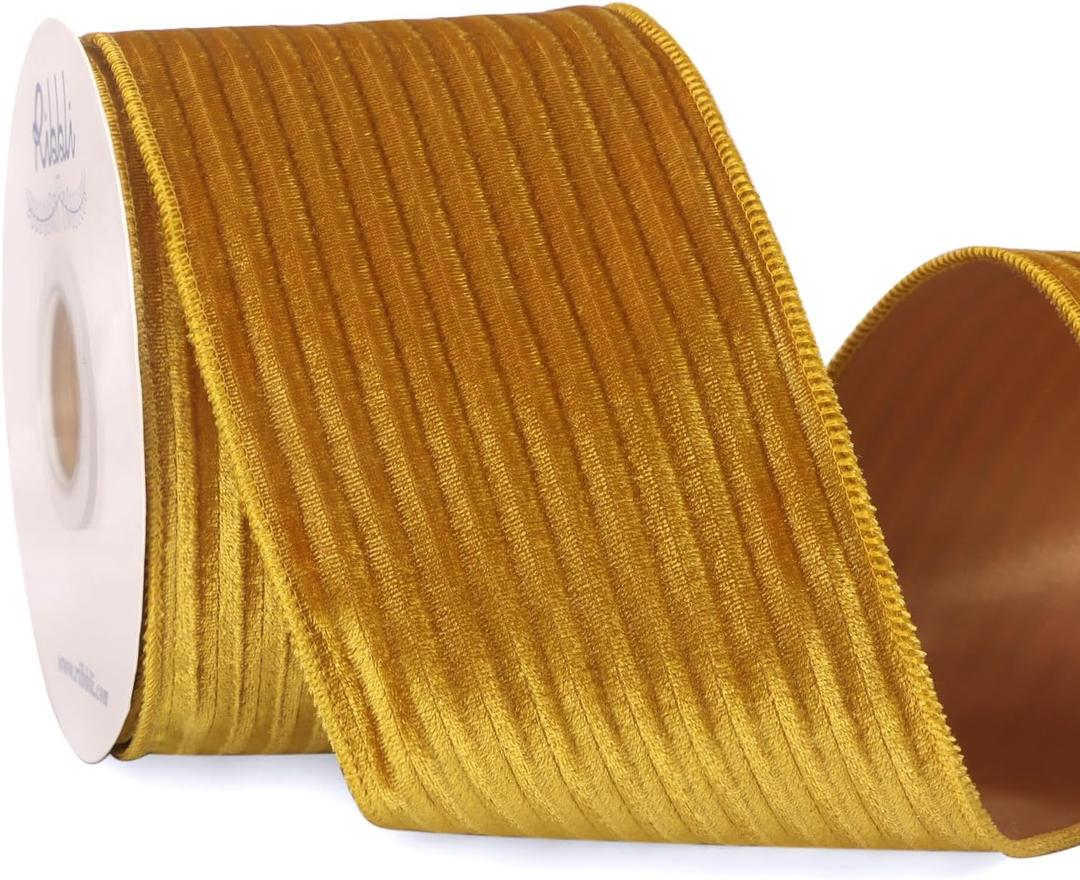 Ribbli Glossy Gold Velvet Wired Ribbon 4 Inch Striped Velvet Christmas Ribbon for Gift Wrapping Christmas Tree Decoration Crafts Wreaths Supplies-Continuous 10 Yards