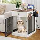 Hzuaneri 24.6'' Dog Crate Furniture with Charging Station, Dog Kennel Indoor with Flip-Top Storage, Wooden Pet Cage Dog House End Side Table for Small Dogs Anti-Chew Anti-Escape, White Brown DFC90114B