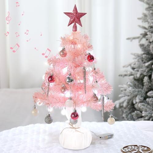 Mini Pink Christmas Tree, Small Christmas Tree with Music Tabletop Artificial Prelit Xmas Tree Christmas Decorations Indoor Outdoor for Home Decor Party Gifts