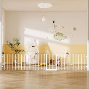 144" Extra Wide Baby Gate with Door, Configurable 6 Panels Baby Fence, Fireplace Gate with Anti-Trip Pedal, Family Essentials Safety Gate for Child Dogs Pets, 28'' Tall White