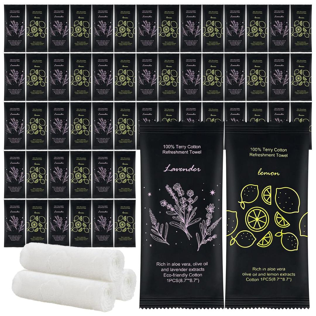 Moist Cotton Towel Bulk Moist Towelettes Individually Wrapped 8.7" x 8.7",White Towel Services,Refreshment Pre Moistened Towels Lavender and Lemon Scent for Travel Sport Party Spa Dentist Hote100