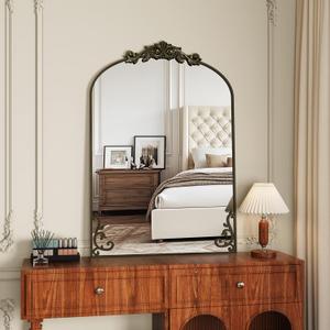 Vintage Wall Mirror, 22"x30" Arched Mirror for Vanity, Antique Decorative Mirrors with Carved Metal Frame for Bedroom, Living Room, Entryway, Fireplace, Hallway, Bronze