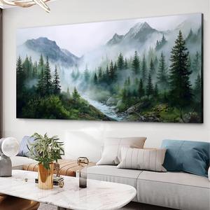 Trogonup Large Misty Forest Wall Art for Living Room Green Mountain Landscape Canvas Prints with Trees and River Modern Nature Artwork for Bedroom Office Home Decor 24"x48"