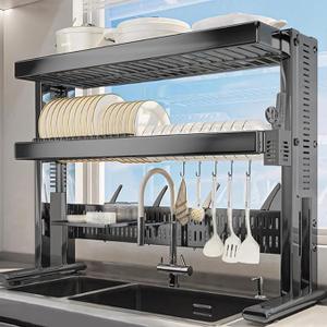 Large Over The Sink Dish Drainer Drying Rack2 Tier Large Capacity Stainless Steel Dish Drying Rack Over Sink, Multifunctional Kitchen Organizers and Storage Dish Rack (Black, Double Layer)