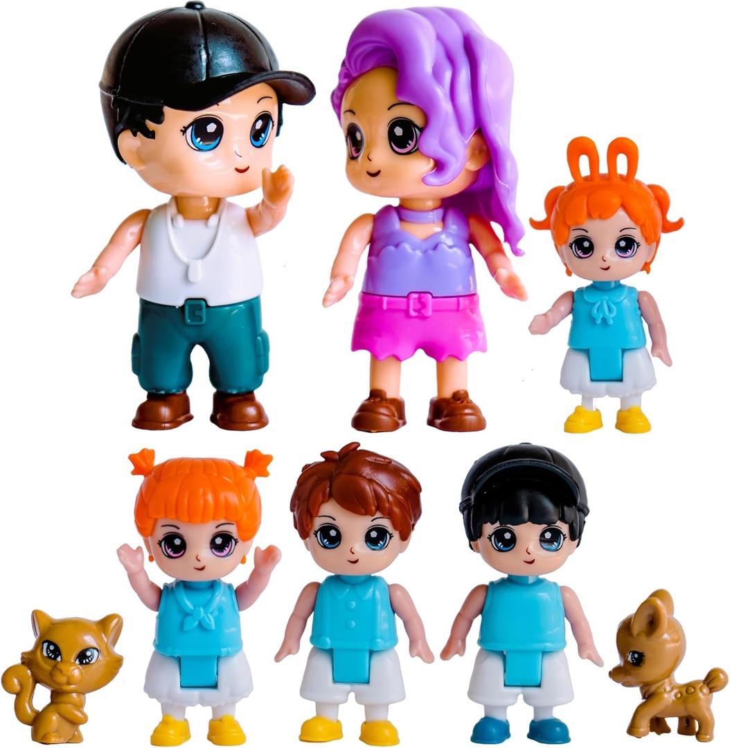 FUNERICA Dollhouse Family Figures & Pets  Bendable Play Dolls for Imaginative Fun & Doll House Play  Little People Family Set with Miniature Accessories  Made of Quality Plastic