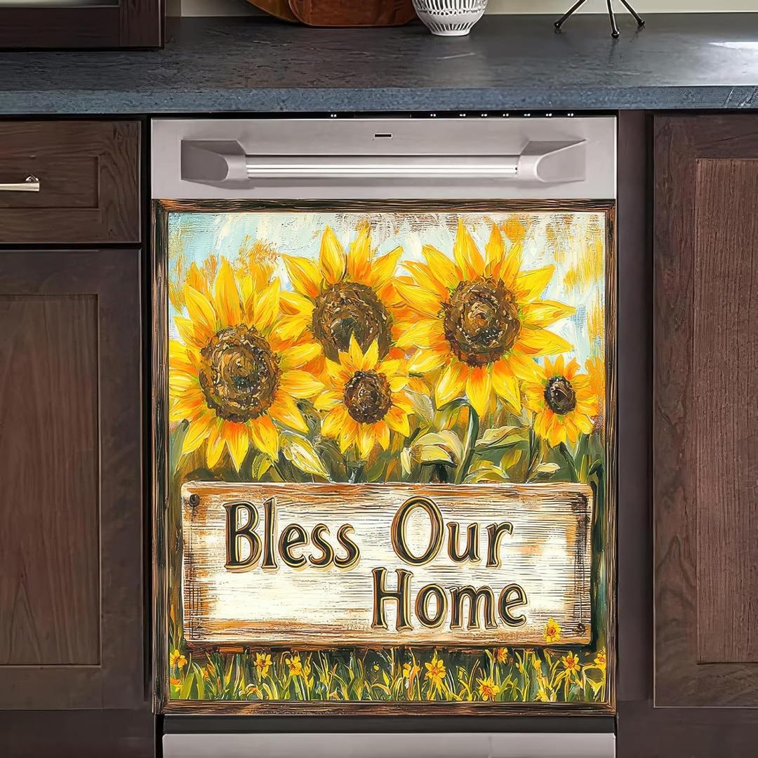 Dishwasher Magnet Cover Sunflower Vintage Wood Grain Dishwasher Magnet Decoration Flower Sunflower Dishwasher Magnet Decorative for Spring Summer Kitchen Refrigerator Cover 23x26 Inch