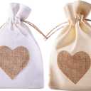 Burlap Bags, 20 Packs 5"x7" Drawstring Heart Burlap Gift Bag Candy Pouches Linen Pockets for Valentine's Day Wedding Easter Christmas Halloween Thanksgivings New Year (5"x7", White/Beige (Pack of 20))