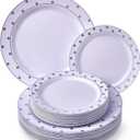 White with Silver Dots Plastic Disposable Plate Combo Set - 10.25" & 7.5" (20 Each Set) - Perfect for Weddings, Parties & Special Events, 20 Servings