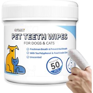 No-Rinse Dog Teeth Cleaning Wipes - Cat & Dog Fresh Breath Pet Dental Finger Wipes, Dog Toothbrush Dental Wipes to Easy Remove Plaque & Tartar, Gently Cleans Discharge (50 Count, Unscented)