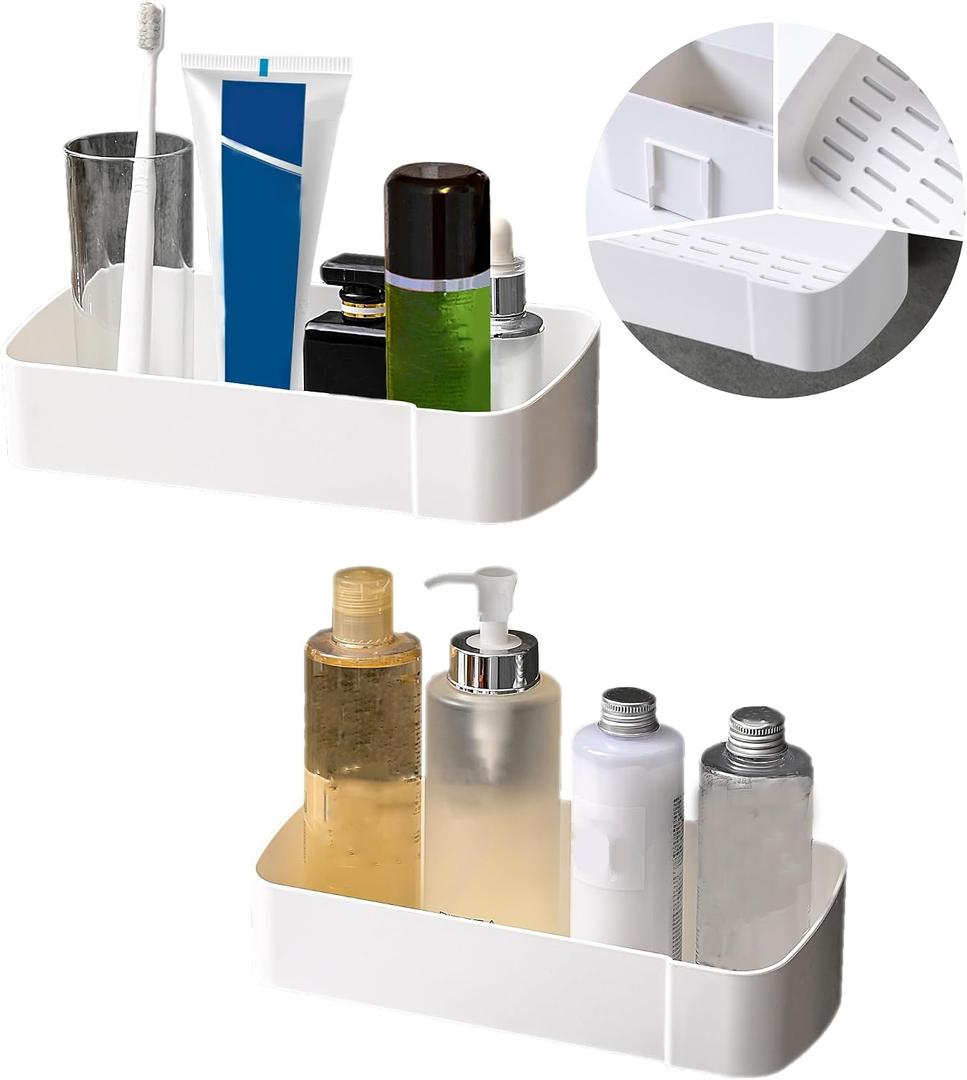 Plastic Shower Caddy Adhesive Wall Shower Shelves for Bathroom Kitchen Bathtub Rustproof Basket Shelf Removable No Drilling Tidy Space Shower Storage Organizer Quick Dry White 2 Pack
