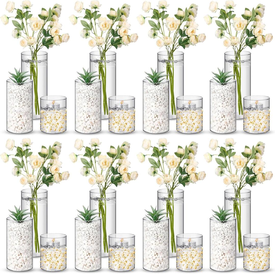 Nuogo 24 Pcs Plastic Cylinder Vases Tall Plastic Flower Vases for Centerpieces Hurricane Candle Holder for Home Wedding Office Party Formal Dinners Decorations (4''/6''/8'')