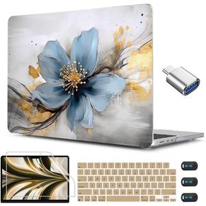 CISSOOK for MacBook Air 13.6 inch Case 2025 2024 2023 2022 Release Model A3240 A3113 A2681, Laptop Hard Shell Cases with Keyboard Cover Type C Adapter for MacBook Air 13 M2 M3 M4, Retro Golden Floral