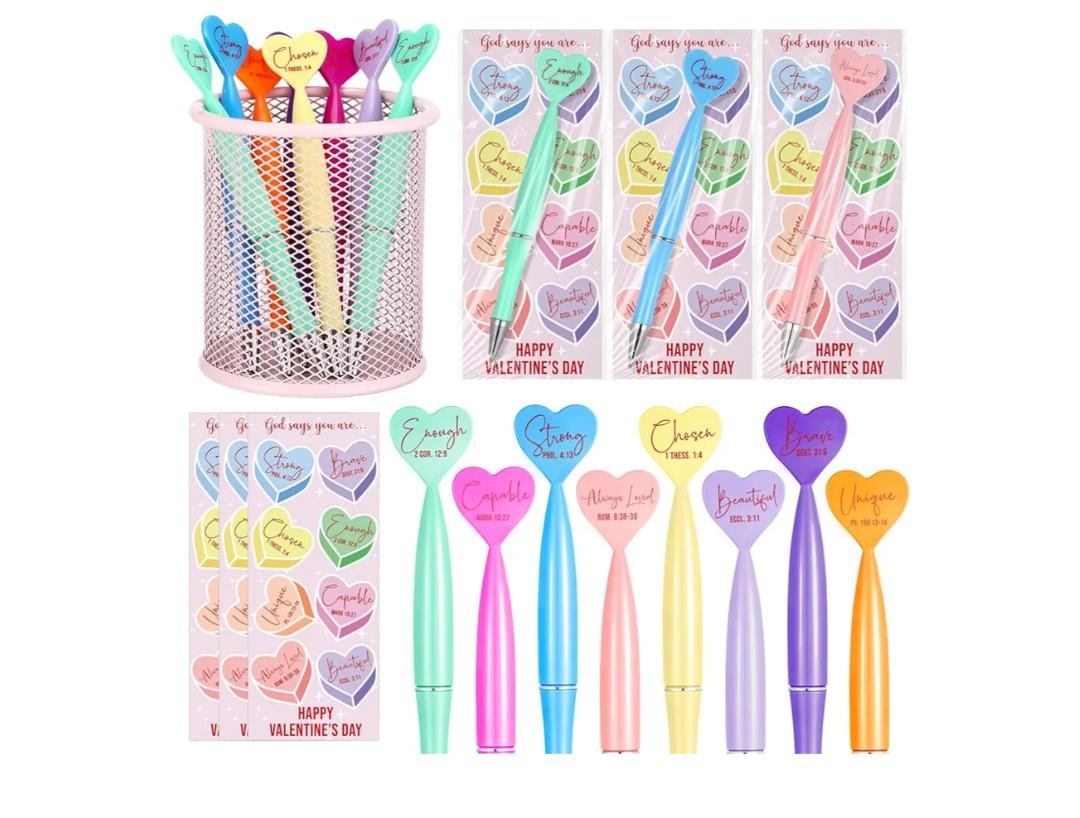 Gueevin 30 Sets Christian Valentine Gifts Bulk Heart Shaped Ballpoint Pens with Bible Inspiring Words Bookmarks for Valentines Church Sunday School Women Men Employee Office Gifts
