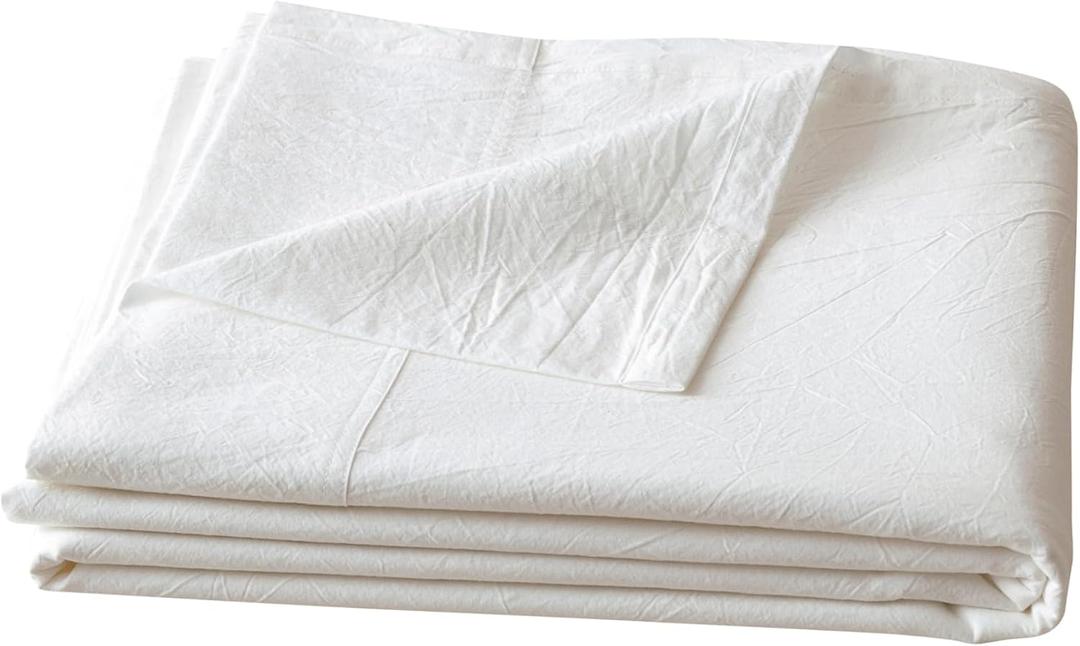 BESTOUCH Flat Sheet Only 100% Washed Cotton Linen Feel Wrinkle-Free, Fade-Resistant, Stain-Resistant, Bed Top Sheet, Solid Off White Queen