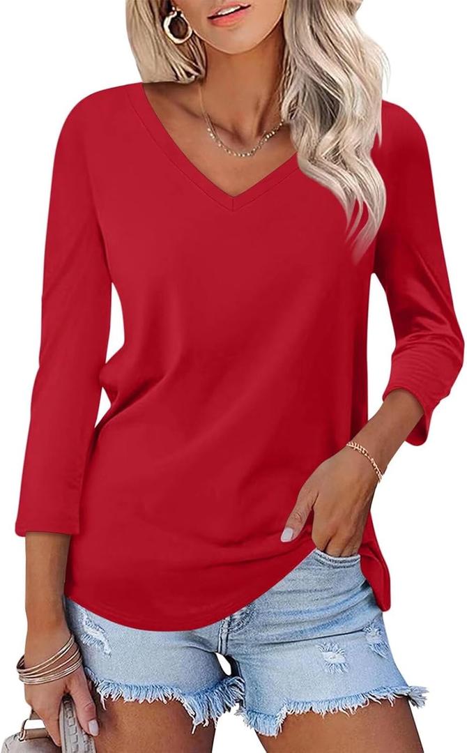 Minetom Women's V Neck 3/4 Sleeve T Shirt Solid/Color Block Casual Basic Tops Summer Tees (Medium)
