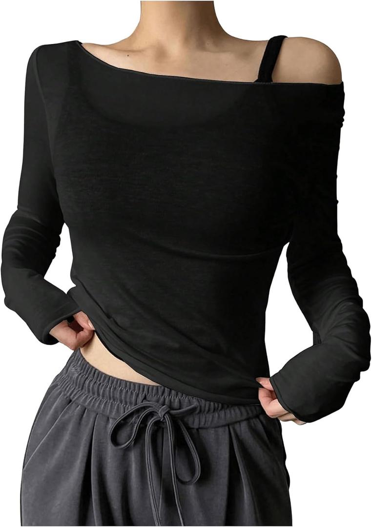 QJQ Women's Sheer Mesh Off The Shoulder Tops Long Sleeve See Through Shirts Going Out Party Club Outfits (Black, XXL)