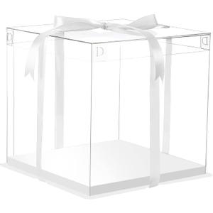 XININSUN 6Pcs Tall Cake Boxes Clear cake Box with Ribbon, 12x12x 10inch,Ideal for Large 10" and 12" Inch Tall Layer Tiered Cakes and Clear Gift Boxes for Wedding Party and Gift Display - White
