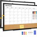 Dry Erase Calendar Board for Wall, 24"x18" Magnetic Whiteboard Calendar Double-Sided Monthly White Board with Cork Board, Black Aluminum Frame Memo Message Board for Office, Home, School