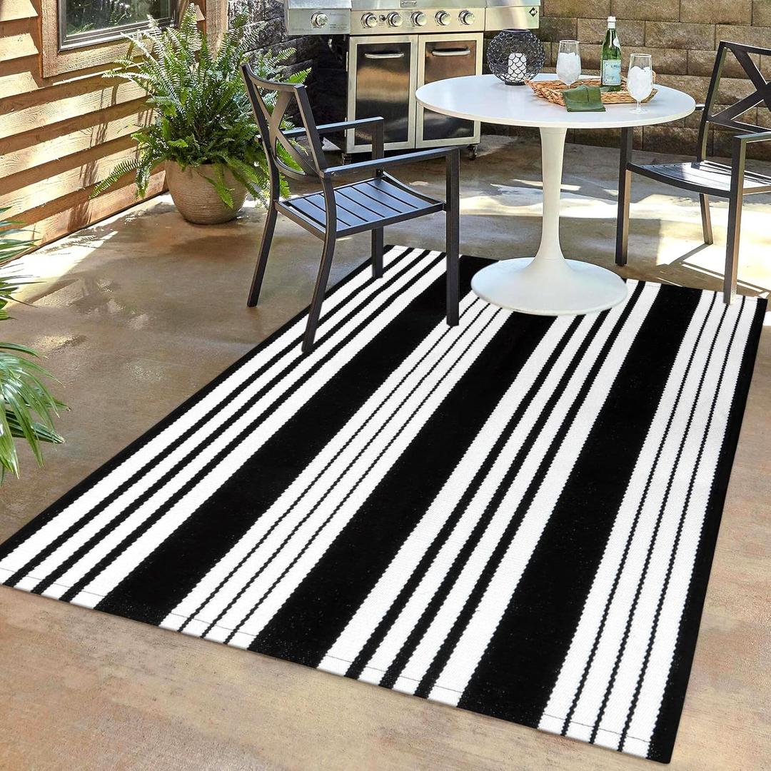 Black and White Striped Outdoor Rug,4x6Cotton Modern Farmhouse Rug Hand-Woven Reversible Door Mat Washable Doorway Carpet for Patio Kitchen Bedroom