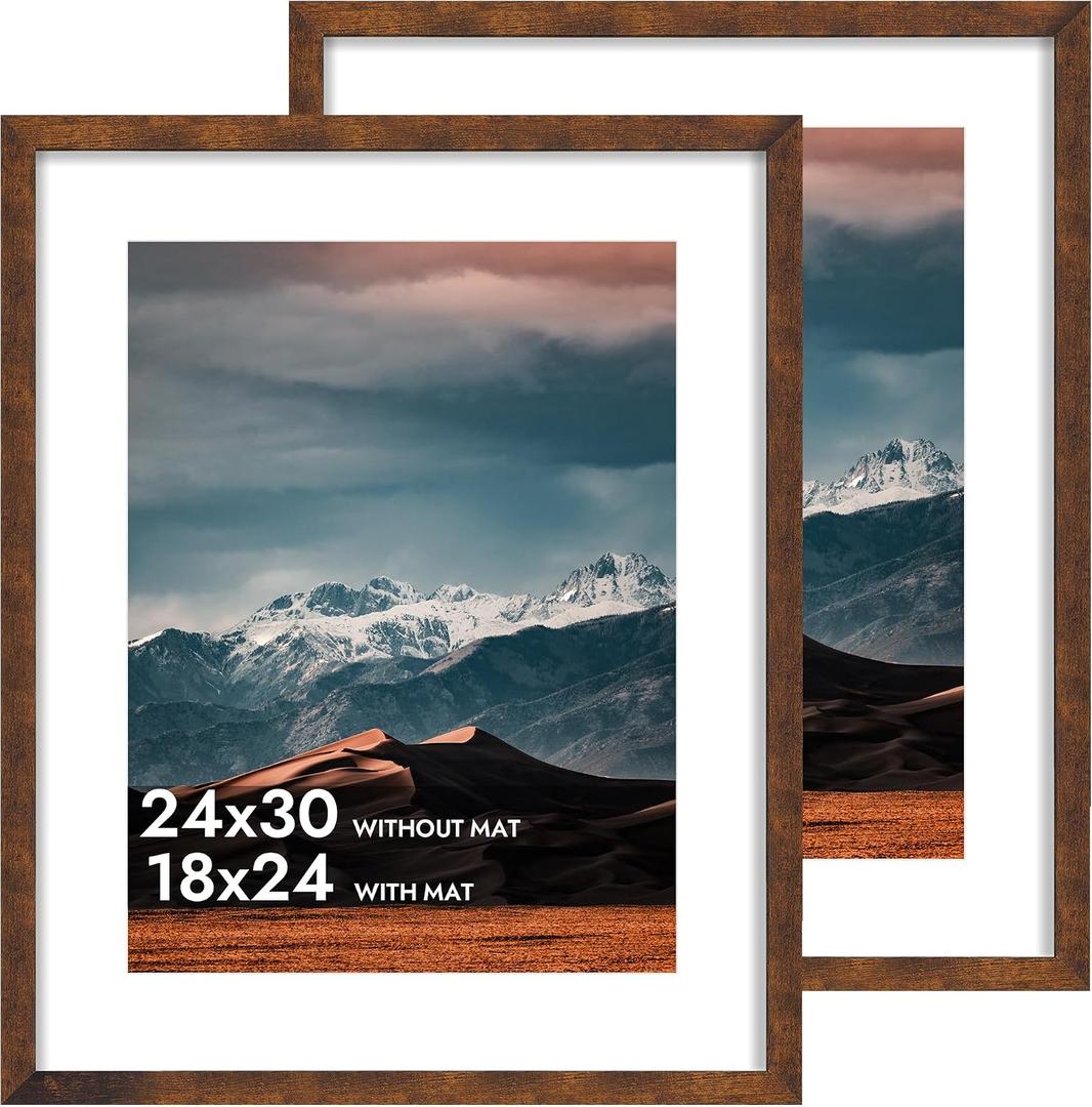 iRahmen 24x30 Poster Frame with 18x24 Mat - Plexiglass Wooden Picture Frames for Photo Wall Gallery Mounting (Dark Brown, Set of 2)