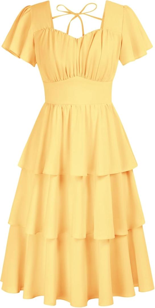 Women's Vintage Short Sleeve Tiered Ruffle Dress 2026 Summer Casual Layered A-line Swing Sundresses Yellow XX-Large