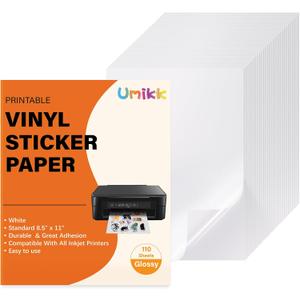 Umikk Printable Vinyl Sticker Paper 110 Sheets -Glossy White Sticker Paper Waterproof, Sticker Printer Paper for Inkjet Printer & Laser Printer, Size 8.5" x 11" A4 Printer Paper