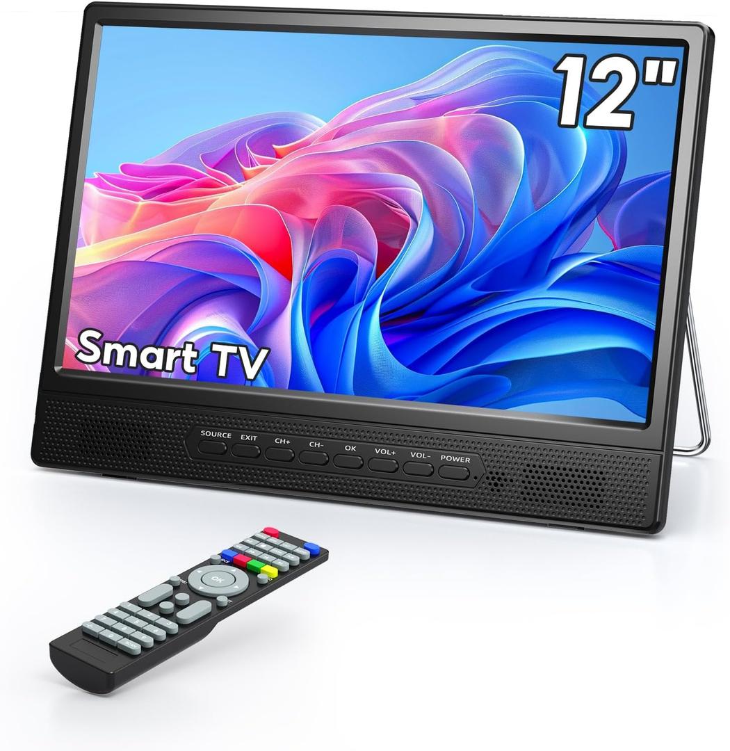 Desobry 12 Inch Small Smart TV, LCD Flat Screen Smart TV with WiFi, Built-in 180Adjustable Stand/ATSC Tuner/HDMI/AV/USB for Kitchen, Bedroom, Camping, RV, Small Space