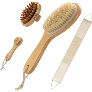 4 Packs Dry Brushing Body Brush Set for Lymphatic Drainage and Cellulite Massager, Long Handle Dry Brush for Body, Natural Boar Bristle Dry Body Brush Exfoliator