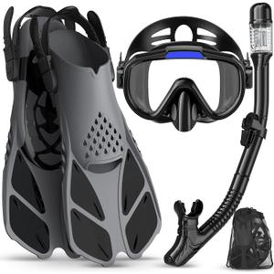 Snorkeling Gear for Adults Men Women,4 in 1 Snorkel Set with Panoramic View Diving Mask Anti-Fog Anti-Leak,Dry Top Snorkel,Fins and Travel Bag for Swimming,Snorkeling and Travel Diving Size ML/XL
