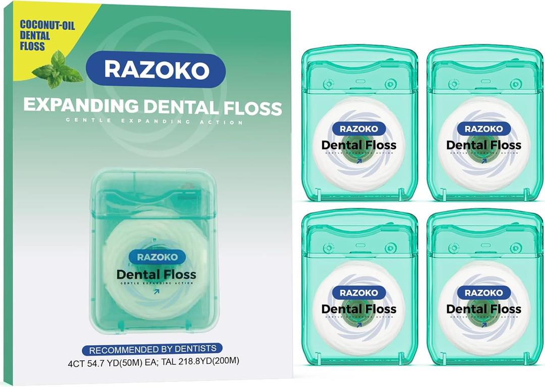 RAZOKO Coconut Oil Dental Floss Expanding Dental Floss Suitable for Wide Spaces (55 Yards, 4 Count) - Mint Flavor