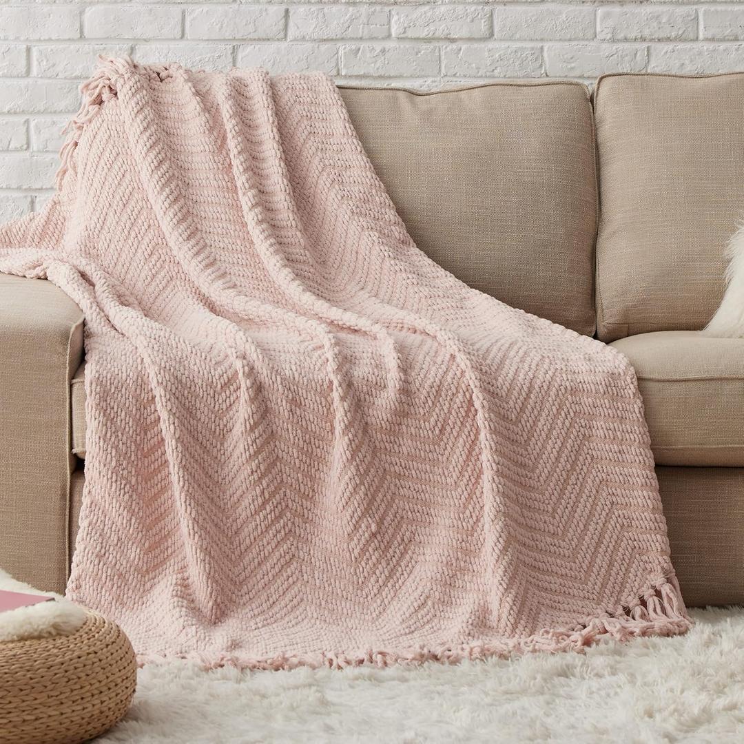 Bedsure Spring Throw Blankets for Couch - Textured Knit Woven Chenille Blanket - Super Soft, Warm Decorative Boho Throw with Tassels for Bed, Sofa and Living Room, Light Pink, 50x60 Inches