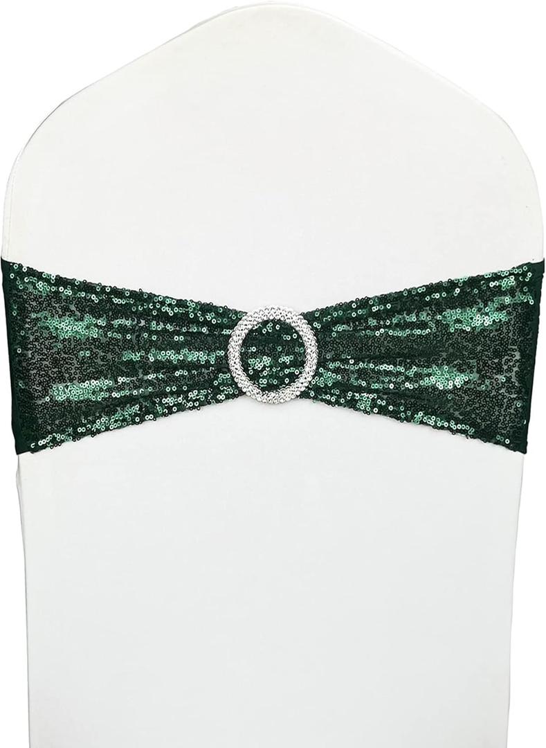 Sequin Chair Sashes 50 Pack - High Elasticity Spandex Stretch Chair Bows with Buckle for Wedding, Party, Banquet Decor Shimmering Elastic Bands for Folding & Dining Chairs, Hunter Emerald Green