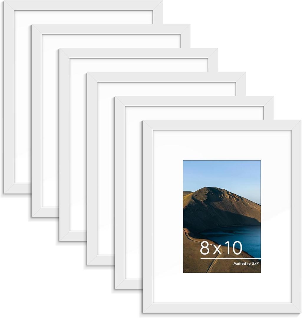 PEALSN 8x10 Picture Frame Set of 6, Display Pictures 5x7 with Mat or 8x10 without Mat for Wall Mounting or Table Top Display, Photo Frames Collage for Wall Decor, White.