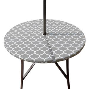 Hipinger Vinyl Round Fitted Tablecloth with Zipper and Umbrella Hole, Outdoor Oil Waterproof Stain Resisteant PVC Table Cover for Party, Picnic and Patio 40-44 Inch, Grey Moroccan